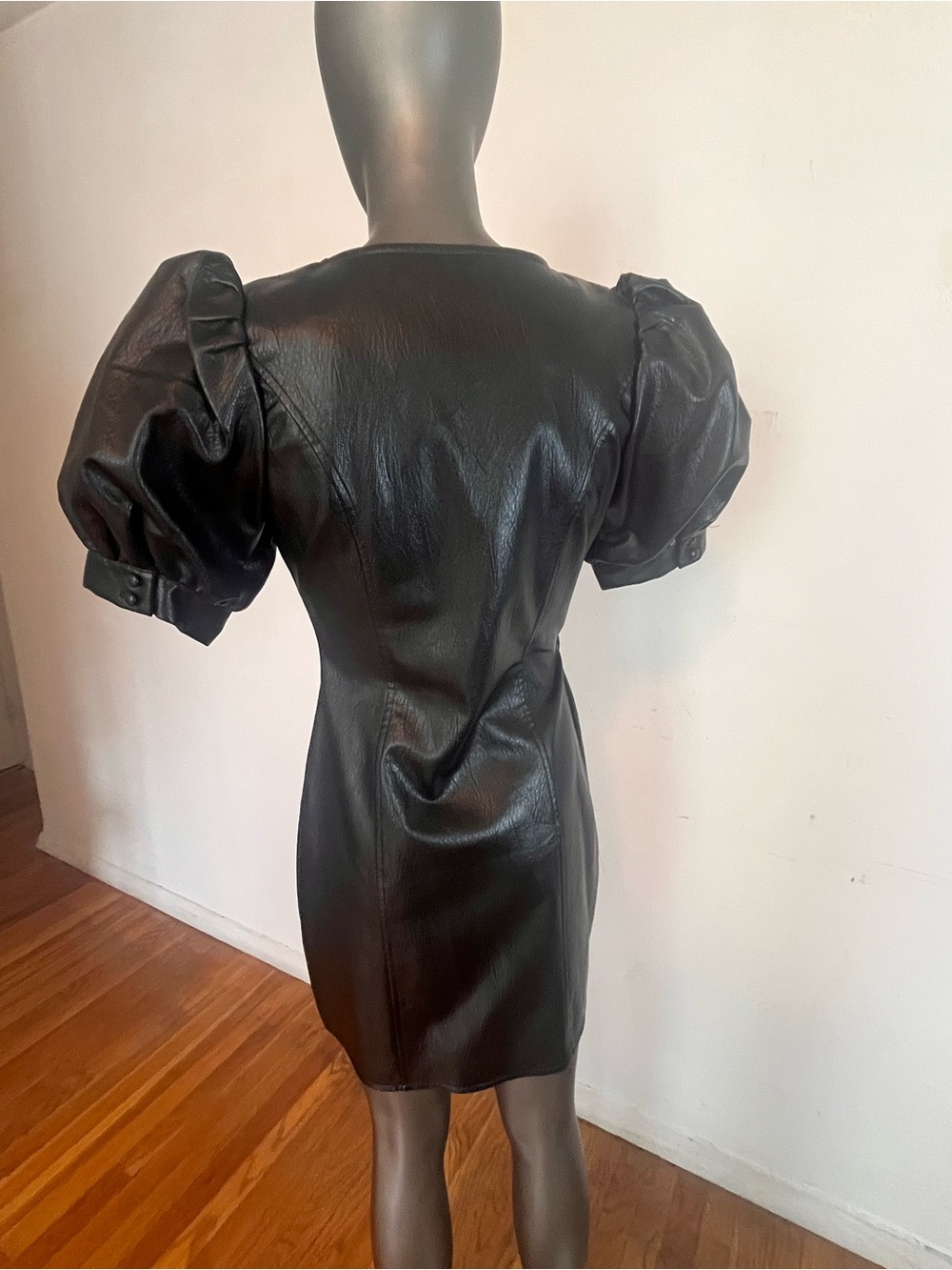 ASOS Black Faux Leather Puff-Sleeve Wrap Dress - Picture 5 of 9